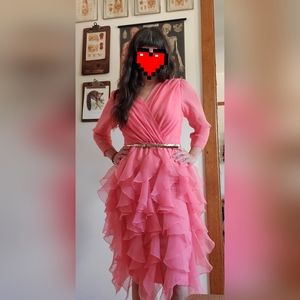 Vintage pink shiffon ruffle midi dress by I.Magnin, size 40